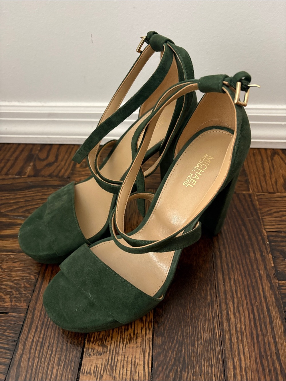 Michael Kors Dark Green Suede Block Heel Sandals